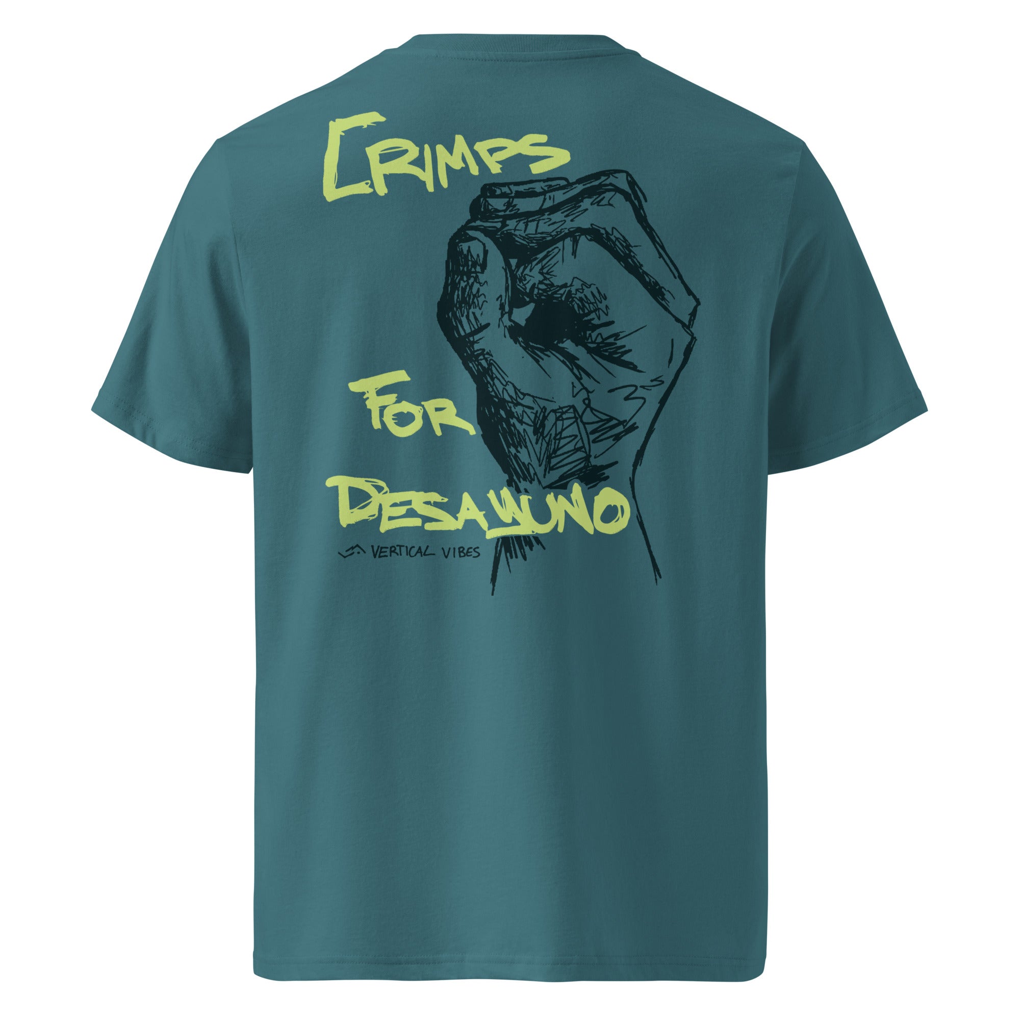 Product mockup Blue Crimps for desayuno T-shirt back vertcial vibes 