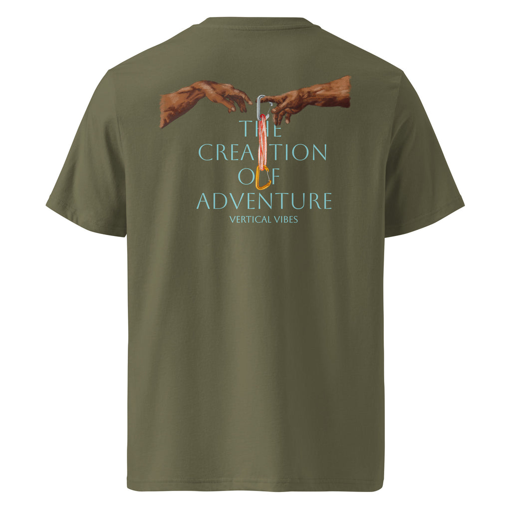 Product mockup of green the creation of adventure T-shirt from vertical vibes