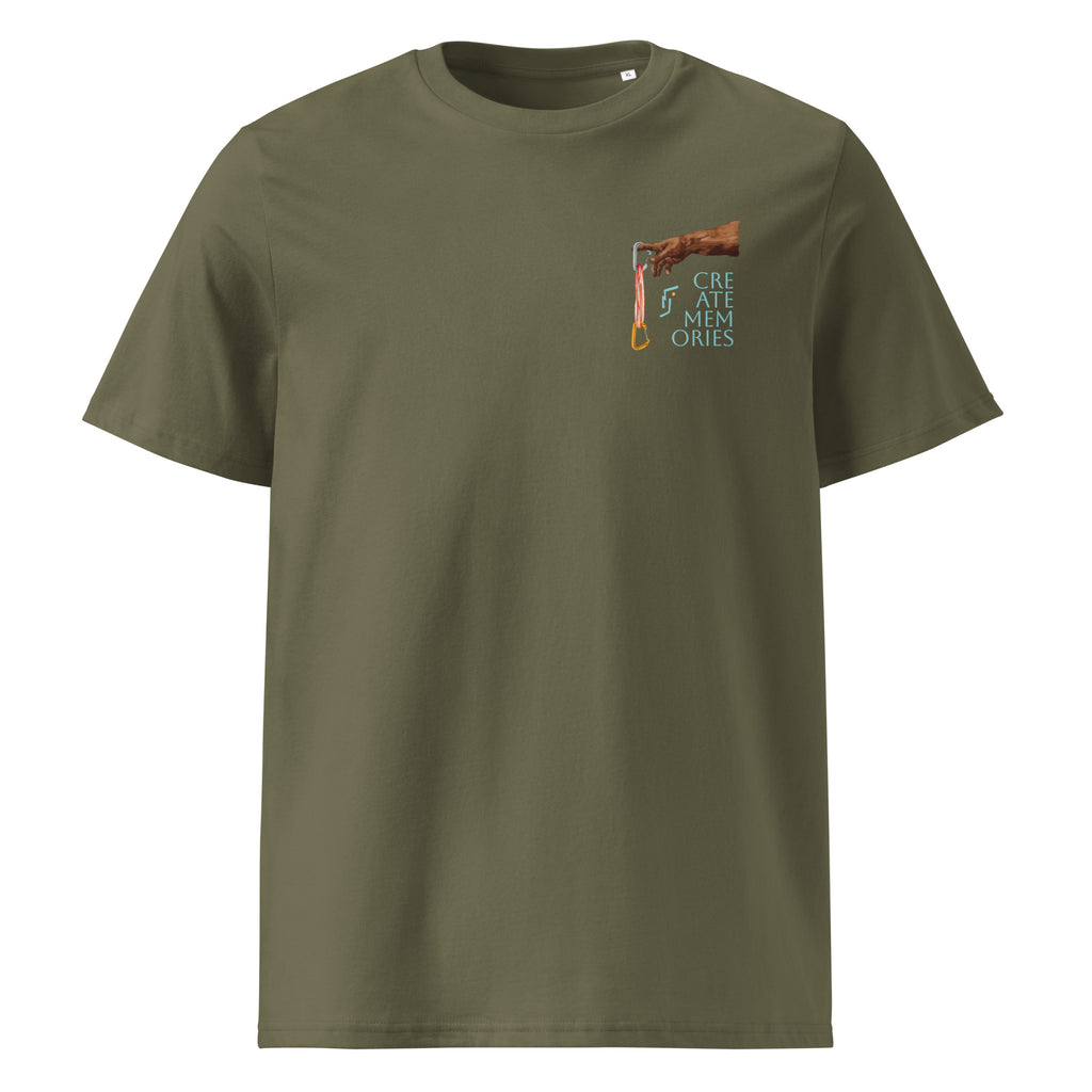 Product mockup front of green the creation of adventure T-shirt from vertical vibes