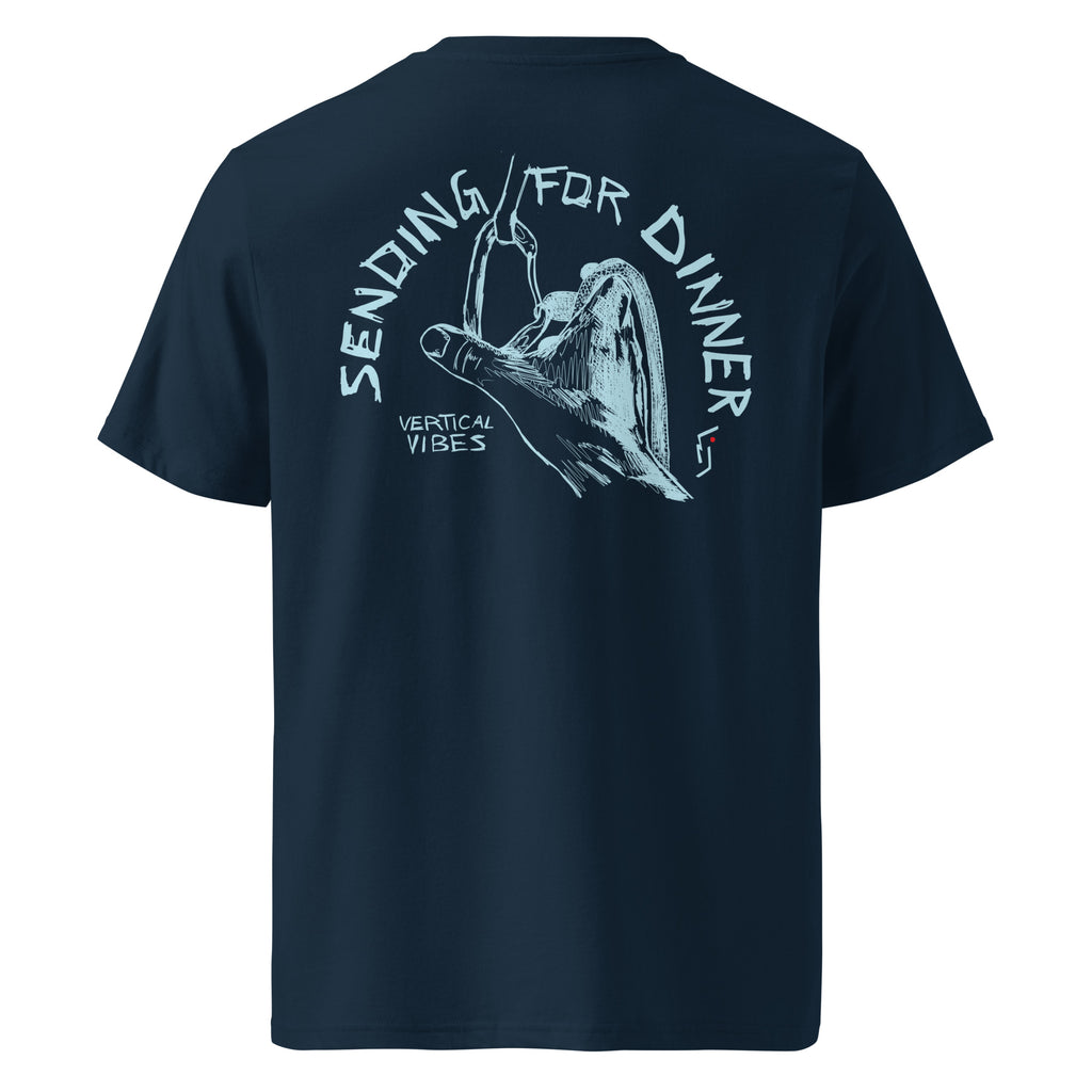 Product mockup of unisex blue sending for dinner tshirt