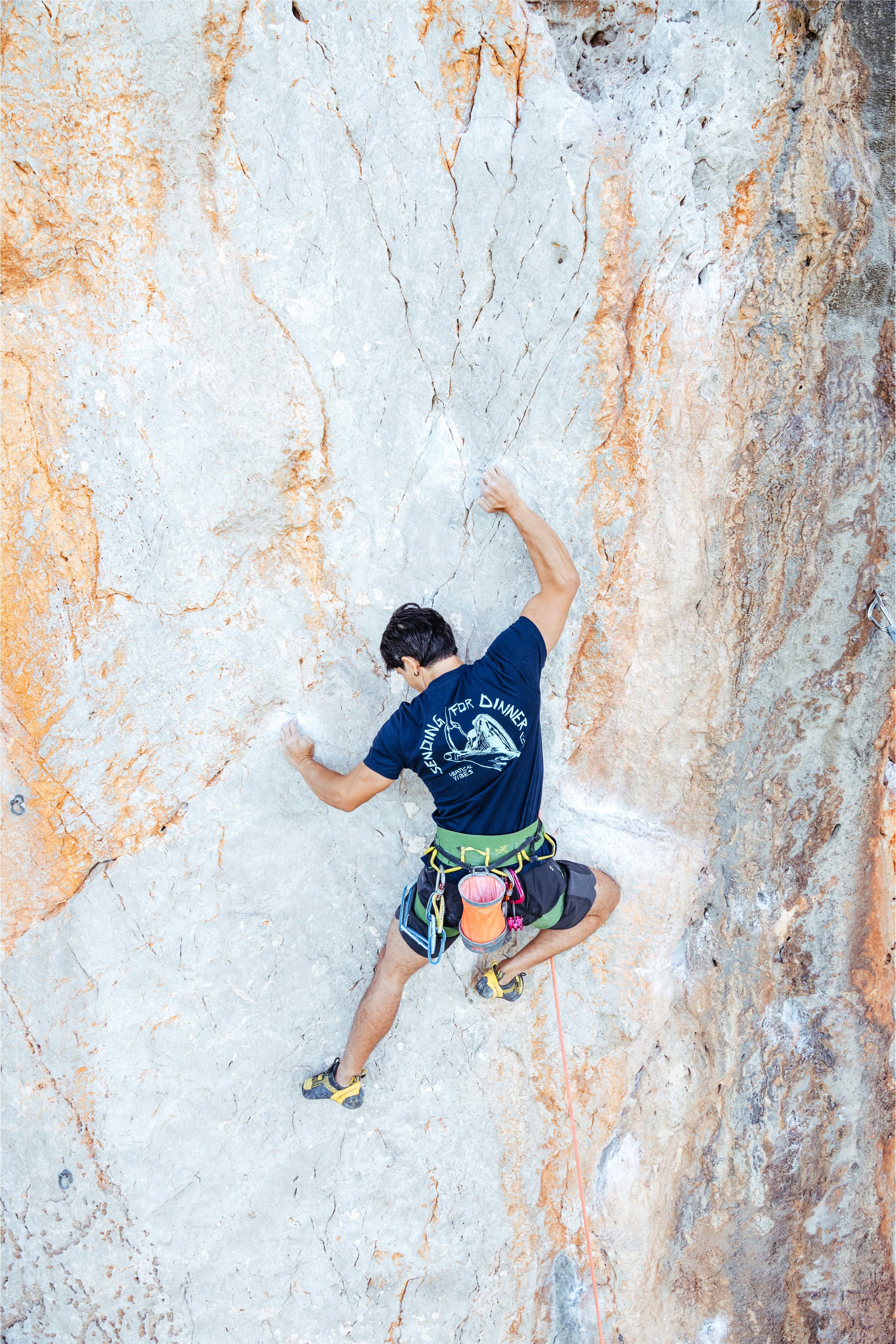 Person rock climbing with blue sending for dinner t-shirt by vertical vibes