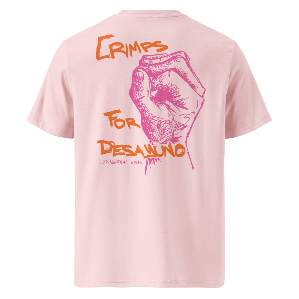 Product mockup of back pink crimps for desayuno t-shirt by vertical vibes