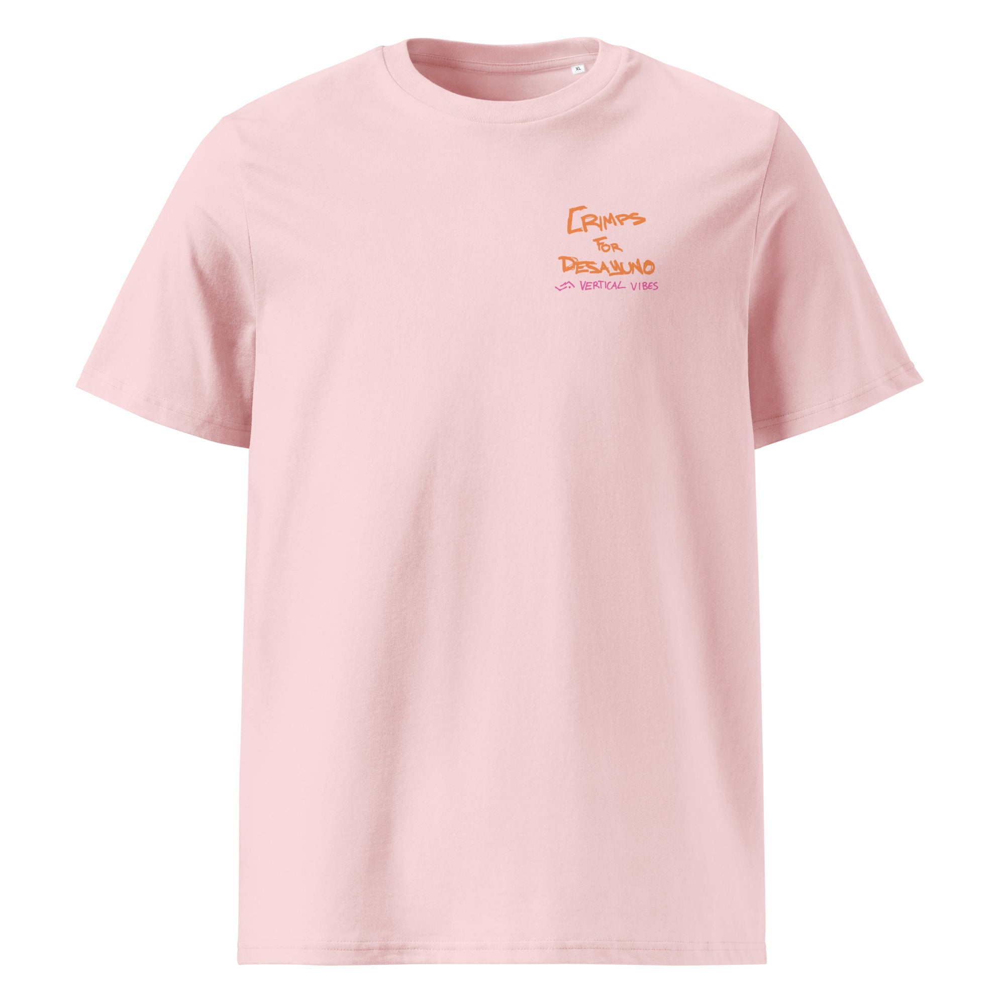 Product mockup of front pink crimps for desayuno t-shirt by vertical vibes